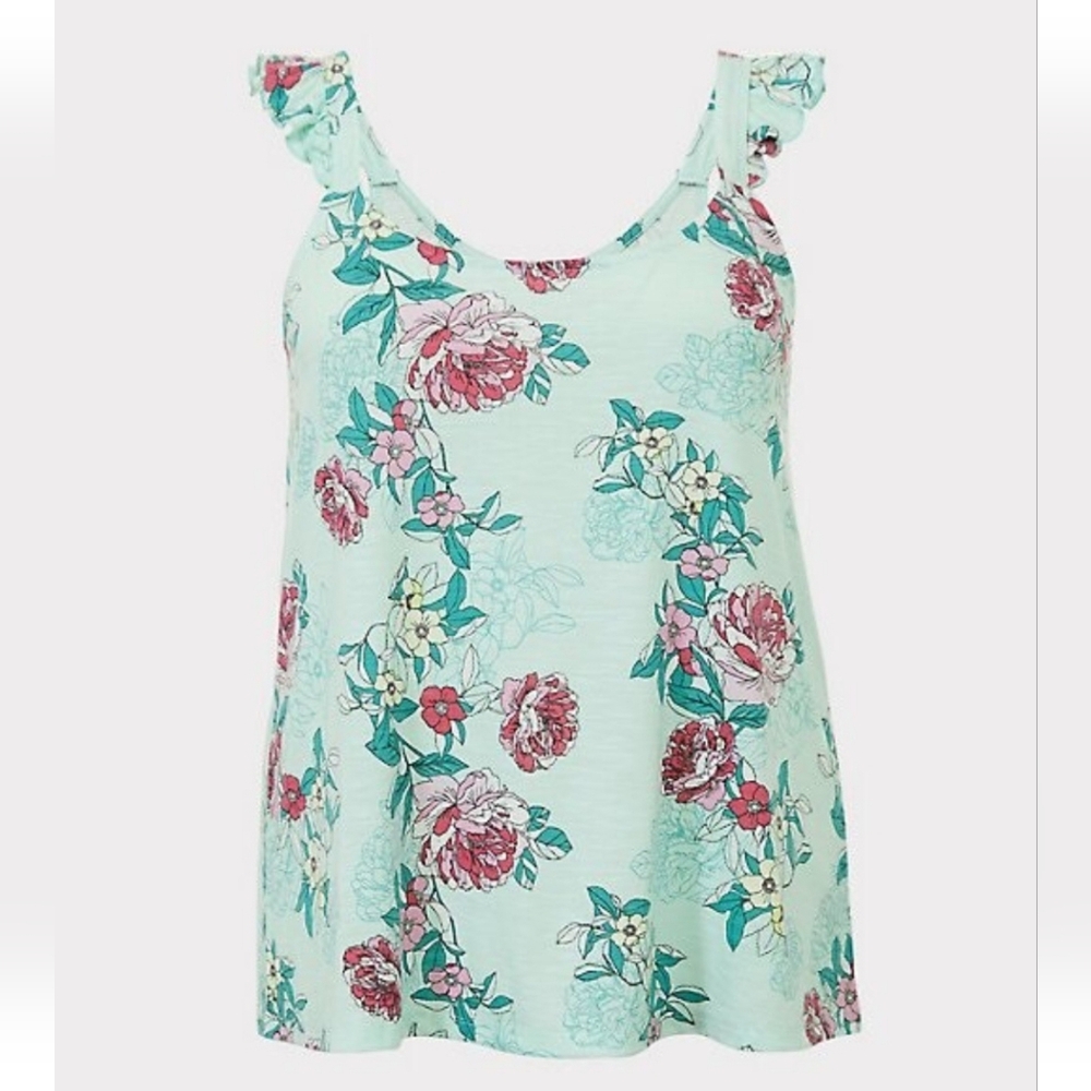 Torrid 00 Size 10 M/L Mint Floral Ruffle Strap Cami Tank 2658-X